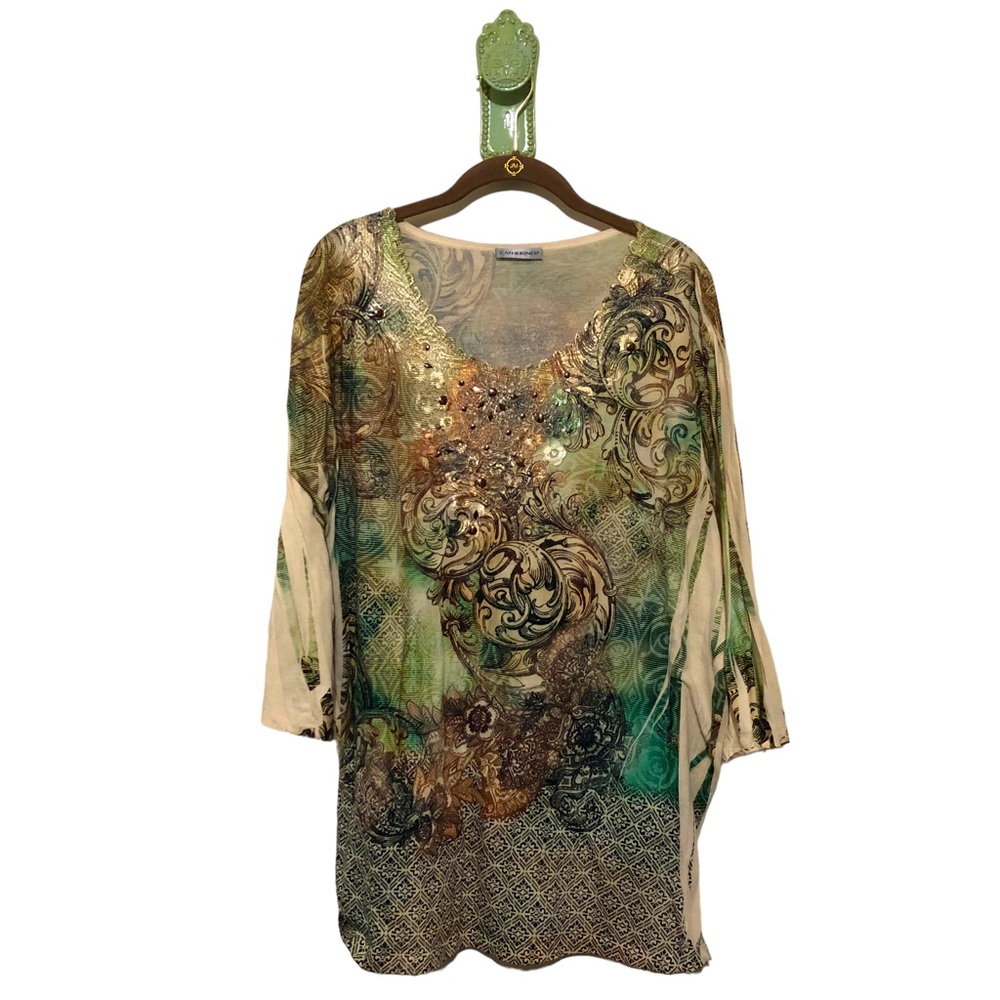 Catherines Tunic Bohemian Lace Metallic Stud Crystal Floral Green Copper Plus XL